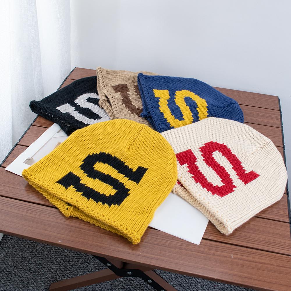 American loose retro contrasting color thick knitted hat bag head hat women's autumn and winter warm face small cold hat stack hat