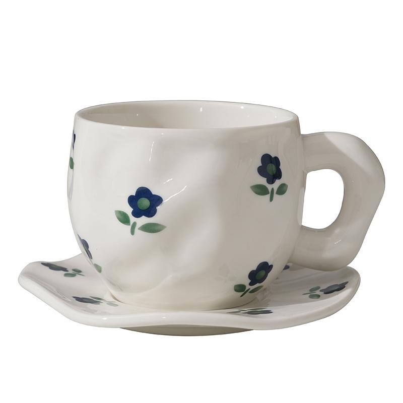 Keramik-Kaffeebecher und Untertassen, handgeformt, handbemalt, unregelmäßige Tassen und Untertassen, hochwertige Frühstückstassen