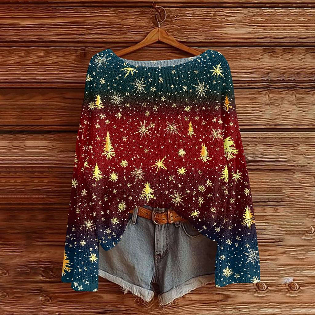 Women's Fashion Round Neck Long Sleeve Christmas Print Casual Pullover Sweater Top