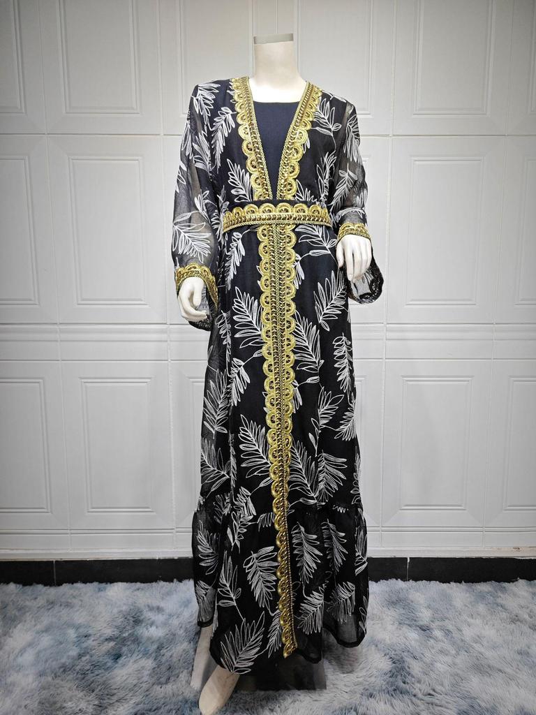 AB363 Dubai Eid al-Adha Mesh Embroidery Patchwork Muslim Two-Piece Set