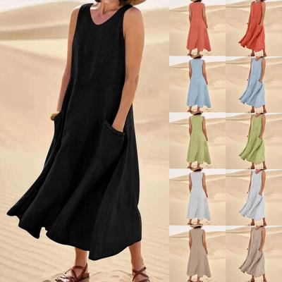Women's Fashion Casual Solid Colour Sleeveless V-Neck Cotton Linen Pocket Dress