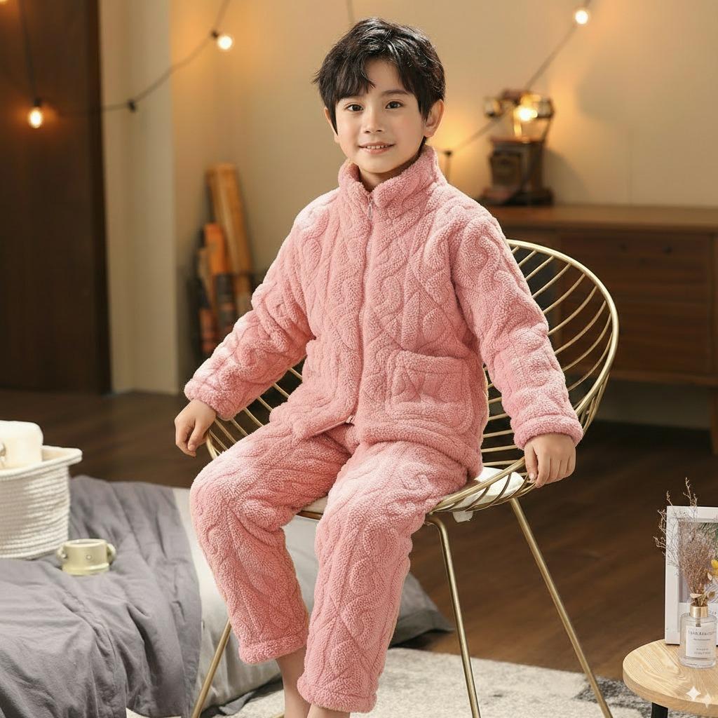 Autumn And Winter Long Crystal Flannel Padded Suit Men'S And Children'S Loungewear Thickened Pajamas Warm Three Layers