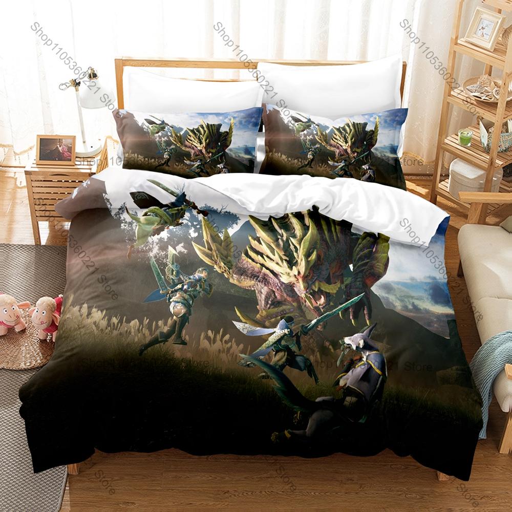Monster Hunter Rise Merch 3-delat Sängkläder Påslakan Med 2 Örngott Tvättbar Dragkedja Spel Sängöverkast