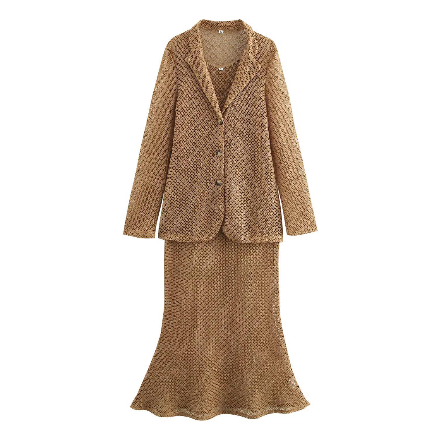 

Весна 2025 Женский трикотажный костюм и платье в европейском и американском стиле с ажурной вязкой Large