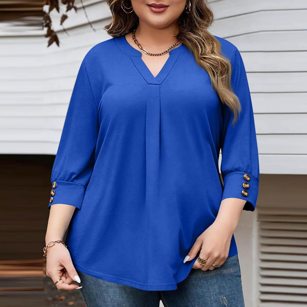 Women's Fashionable Casual Plus-Size V-Neck Button-Down Short-Sleeve Top