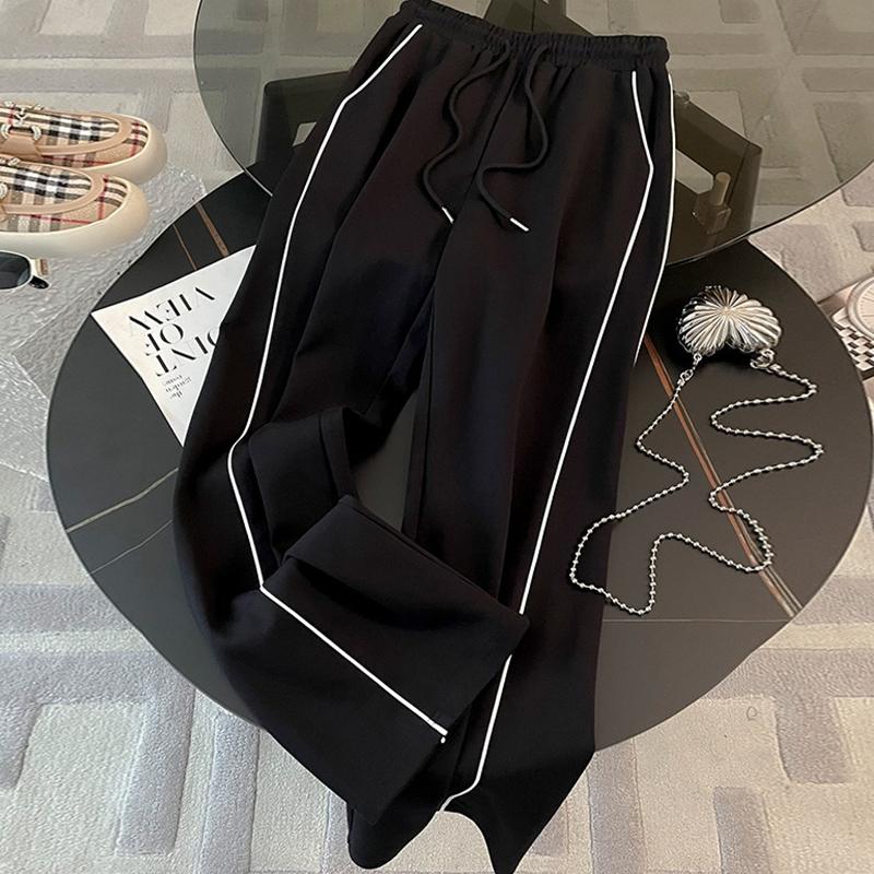 Sudadera Corta Casual a Rayas Traje Deportivo Mujer Otoño Sudadera con Cremallera Suelta Cordón Elástico Pantalones de Pierna Ancha Conjunto de Dos Piezas