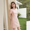 White Deer Language Summer Ladylike Pearl Chain Puff Sleeve Slim-fit Dress