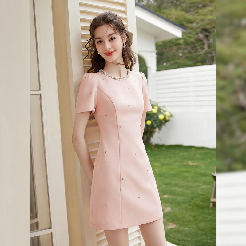 White Deer Language Summer Ladylike Pearl Chain Puff Sleeve Slim-fit Dress