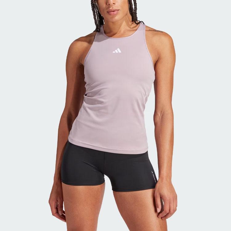 Adidas Solid Color Logo Round Neck Tank Top Women Tops Purple IT9182