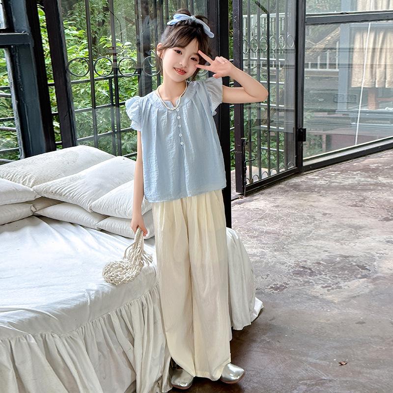 

Костюм для девочек, летний детский повседневный топ с рукавами-крылышками, свободные повседневные брюки для больших детей, костюм из двух частей 100 небесно-голубой