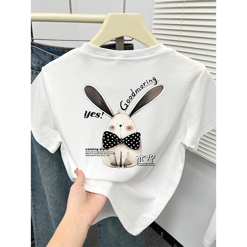 

Korean Age-Reducing Rabbit Print Shoulder T-Shirt - Women s Spring/Summer New Arrival in White & Grey M білий
