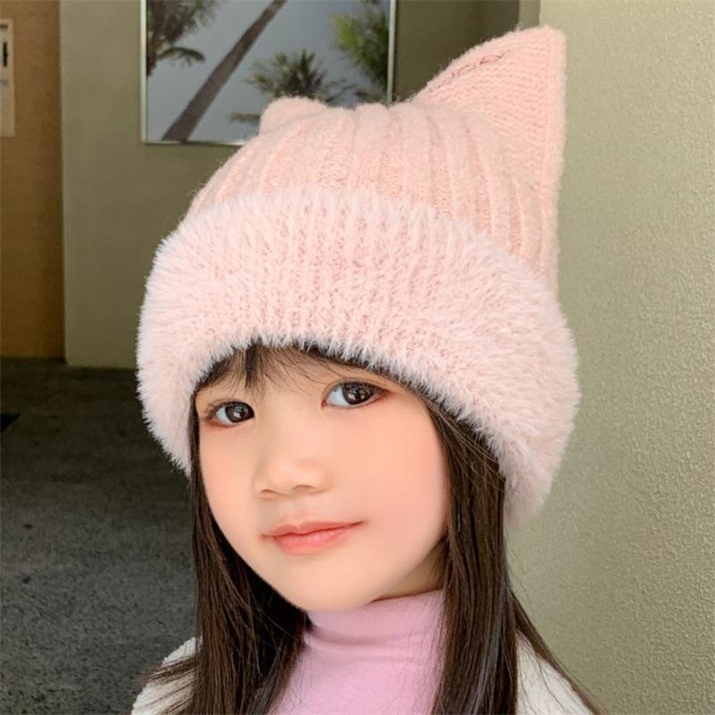 Children's Hats Autumn and Winter New Boys and Girls Cute Cat Ears Thickened Plush Warm Versatile Knitted Pullover Hat