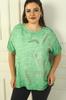 Önü Varaklı Desen Dantel Detaylı Yıkamalı Kısa Kol Büyük Beden Bluz