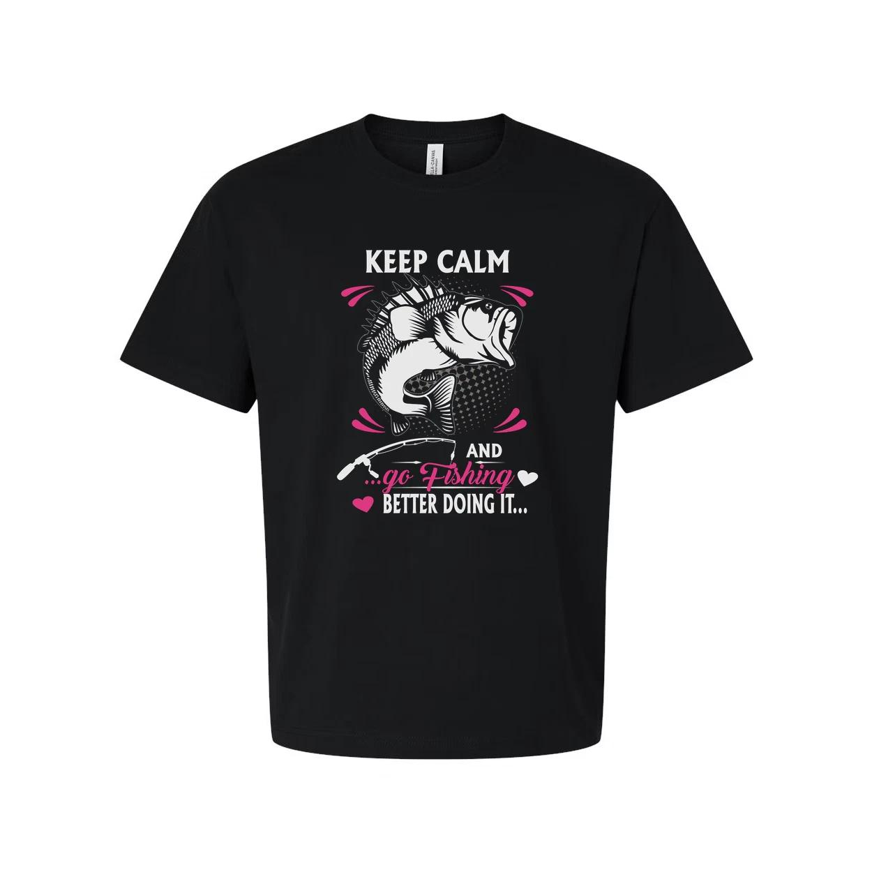 

Keep Calm And Go Fishing Graphic T Shirt Unisex Short Sleeve With Pink Accent De 2XL