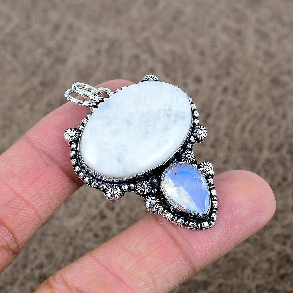 Moonstone, Opal Gemstone Handmade 925 Sterling Silver Jewelry Pendant 1.97" KKG-325