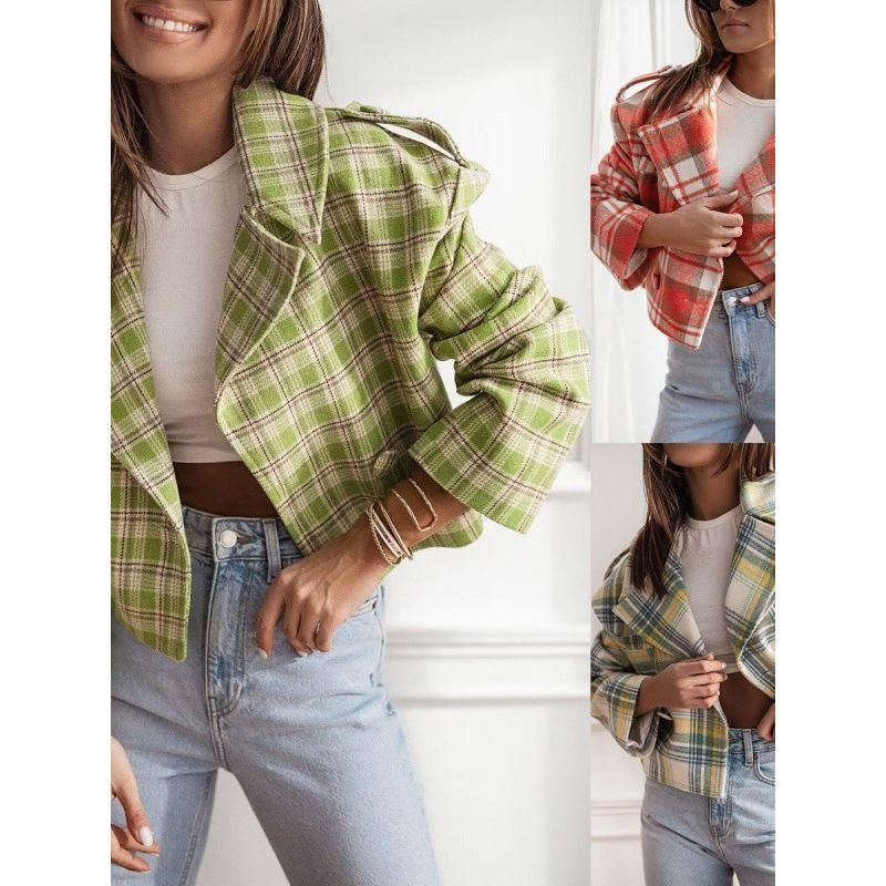 British Suit Collar Checked Coat British Suit Collar Plaid Print Long Sleeve Small Coat