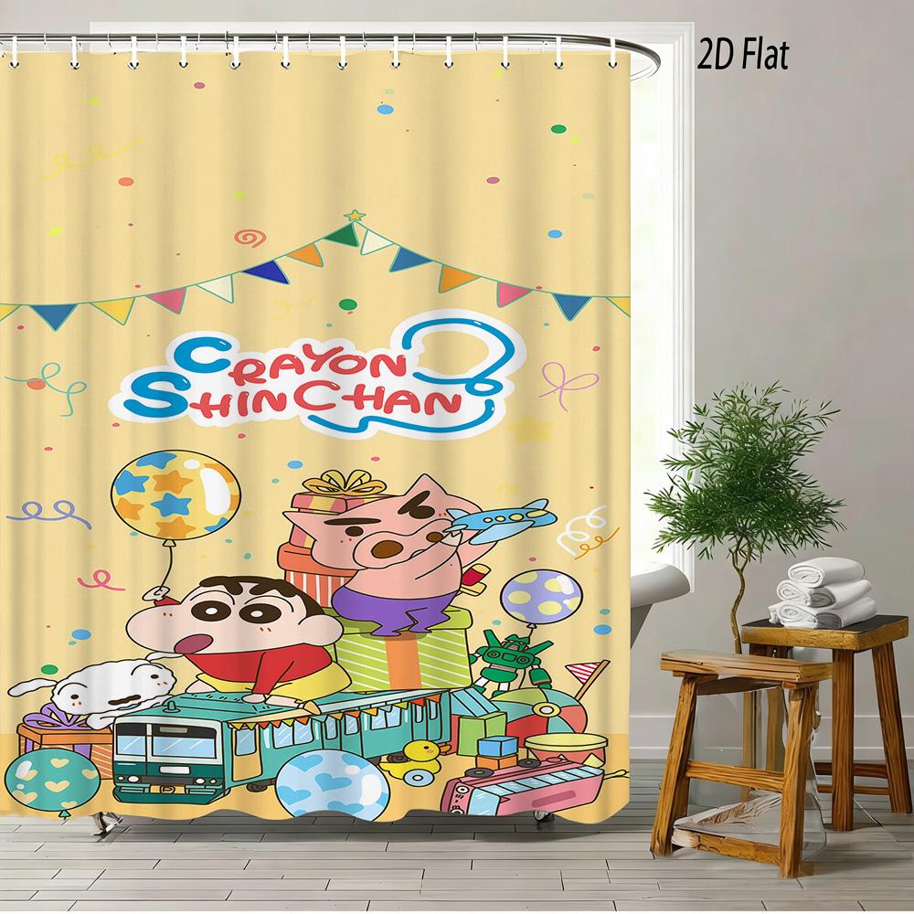 Crayon Shin-Chan & Shiro & Himawari Photo Collage Scene 2D Print Waterproof Shower Curtain, Warm Yellow Checkered With Star Acce