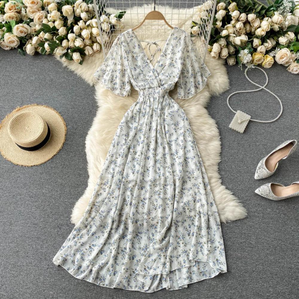 Women's V Neck Floral Chiffon Maxi Dress High Waist A-Line Casual Dress for Summer Vacation