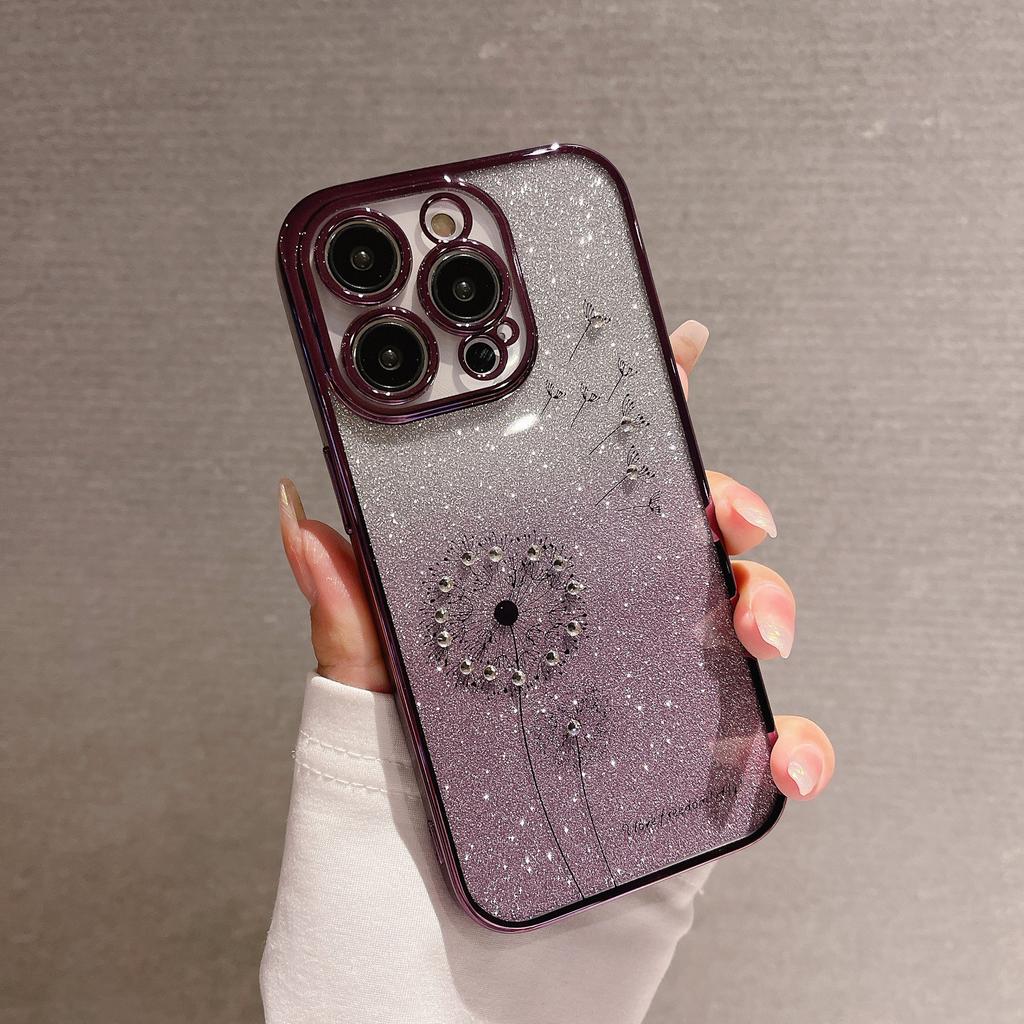 Suitable for IPhone16 Cases with Gradient Glitter, 15 Electroplated Dandelion Dot Diamond, and Transparent Tpu Soft for Apple 14pro