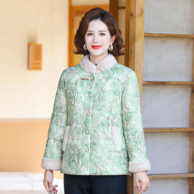 2025 New Floral Chinese Style Thickened Cotton Jacket for Elderly Women - Warm Winter Outerwear with Velvet