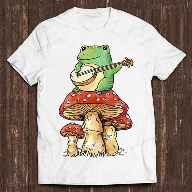 Toad Frog Playing Banjo on Magic Mushroom Best Seller Funny Meme Men Women Printed Fashion Top Retro Gift Shortsleev T Shirt