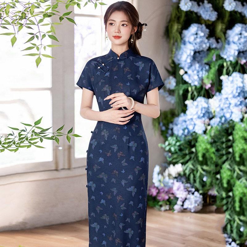 Long Modern Chinese-Inspired Dress In Blue Tencel Linen Stand Collar Three-Quarter Sleeve Women 2026 Small