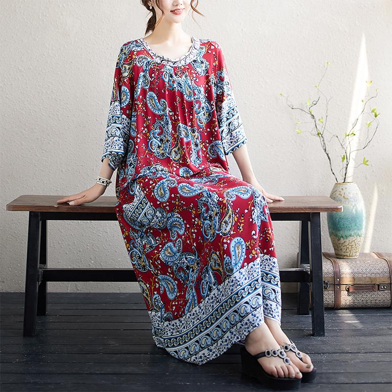 

DIMANAF 2025 Plus Size Dress Women Summer Vintage Cotton Printing Long Dress Pockets Casual Loose Oversized Dress One Size красный