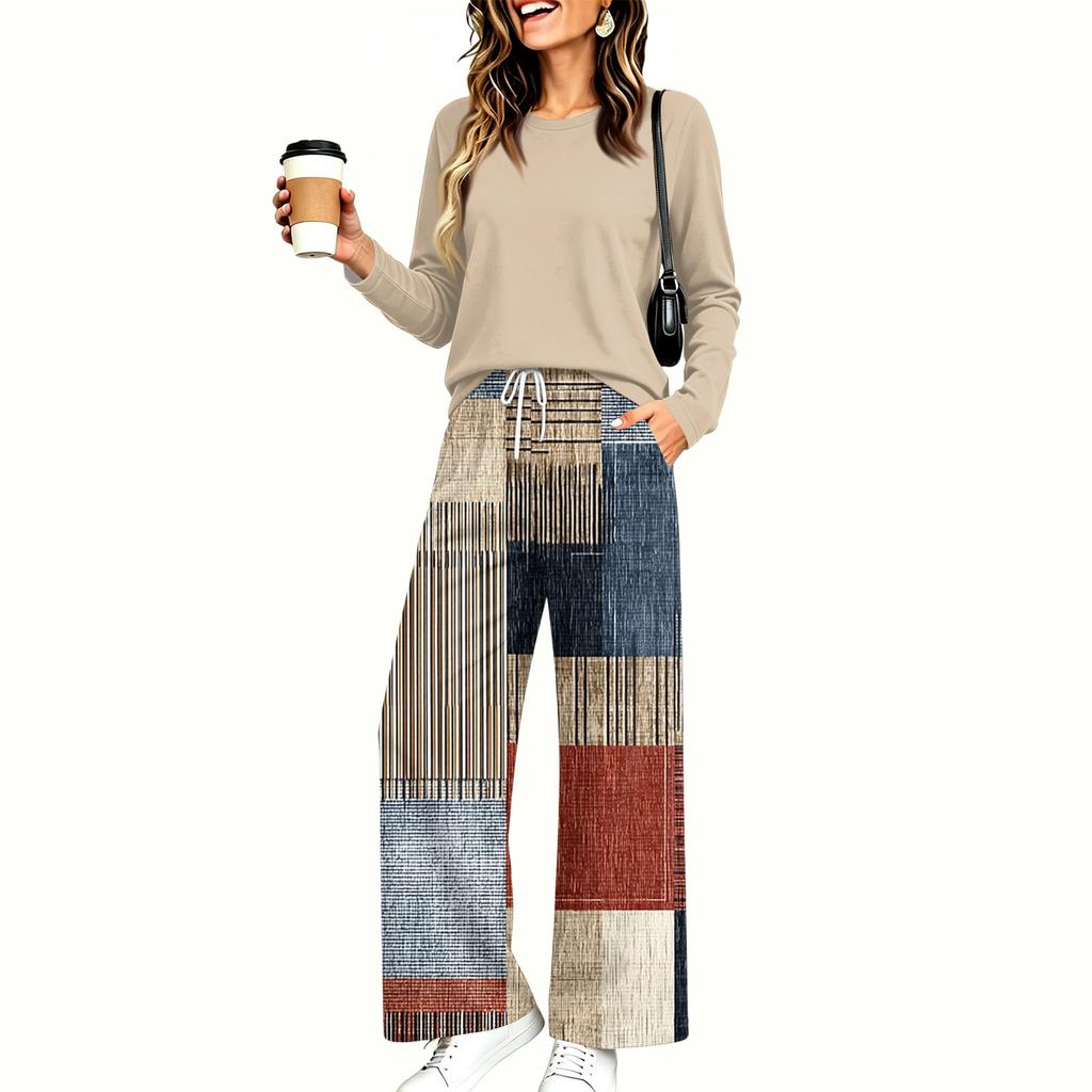 Women's Casual Printed Long Sleeve Round Neck Loose Fit Pajama Set with Pockets for Home Wear