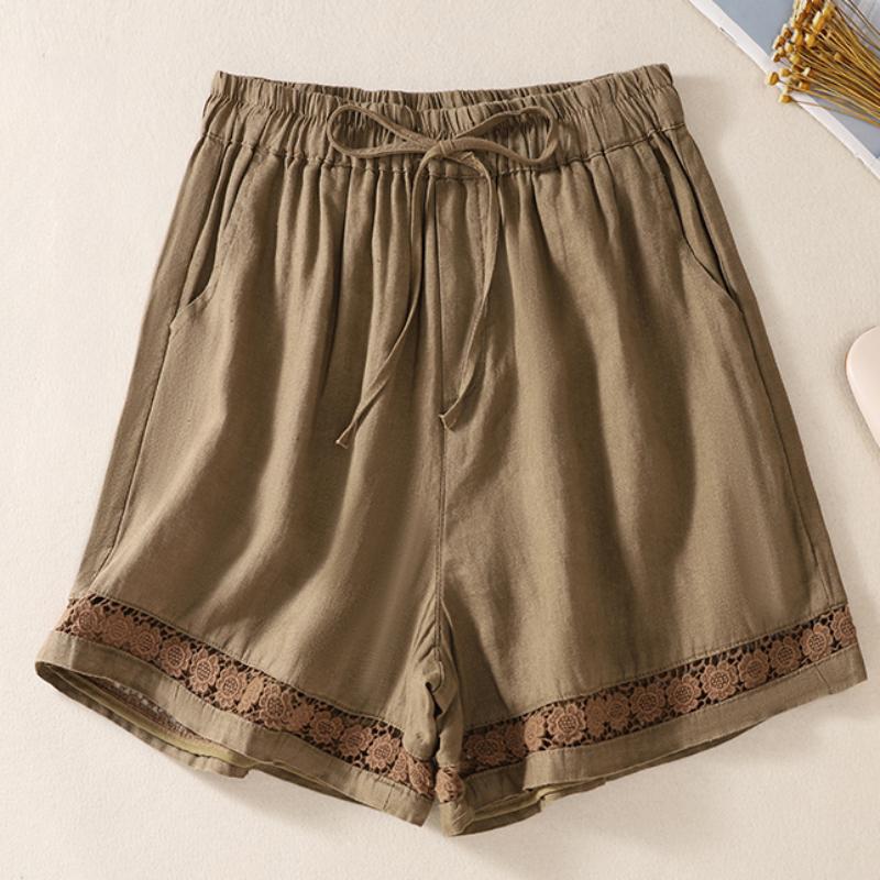Casual Solid Linen Lace Floral Summer Short Pants Loose Elastic Waist Boho Beach Wear Shorts Women Bottom