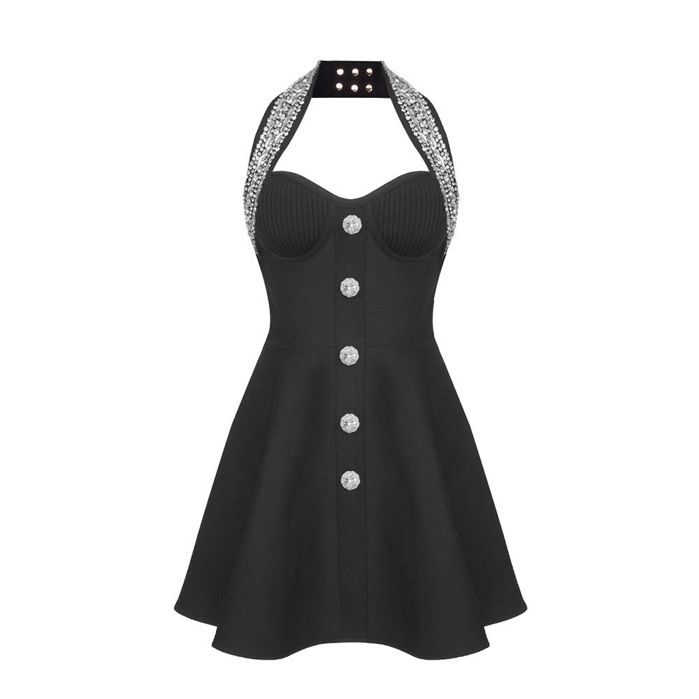 

Летнее черное облегающее платье-бандаж с бусинами на бретельках, А-силуэта - Европейский/Американский стиль, стройнящее S чёрный