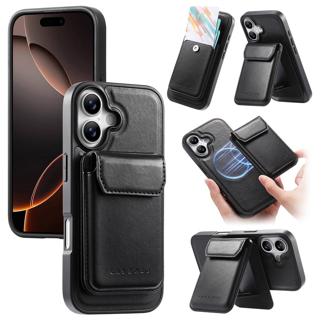 CASENEO For iPhone 17 Magnetic Case PU Leather PC Phone Cover with Detachable Card Holder Kickstand Compatible with MagSafe