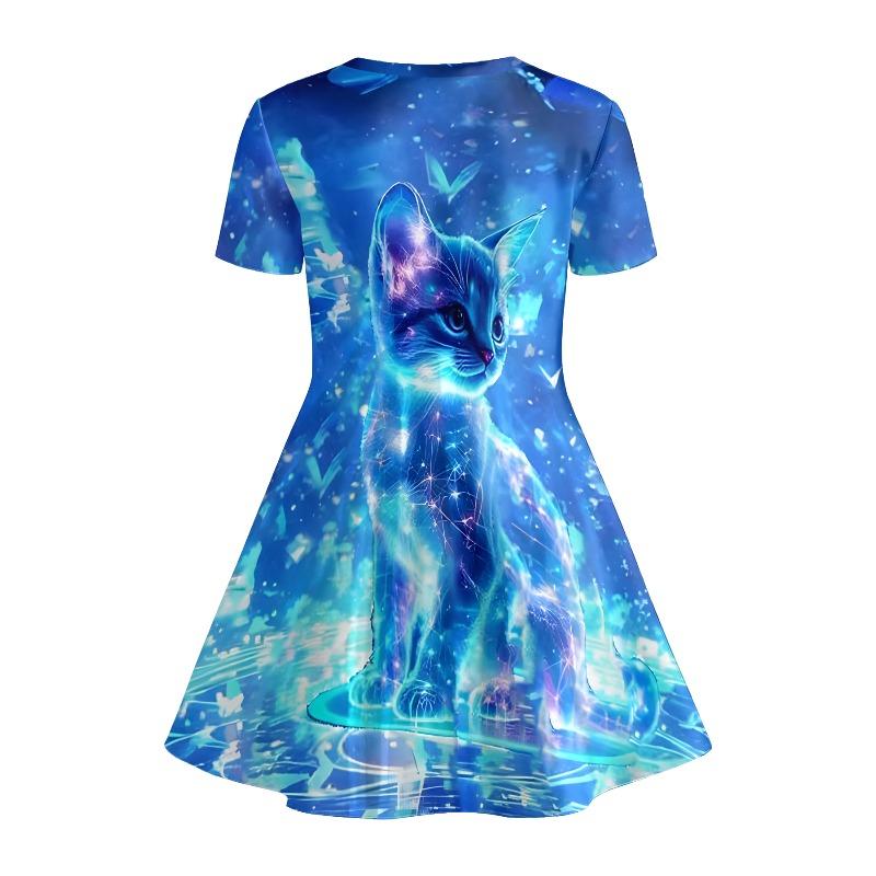 Little Girls Warm Soft Cute Fresh Dreamy Fantasy Print Summer Swing Dress Short Sleeve Kids Casual Play Outfit