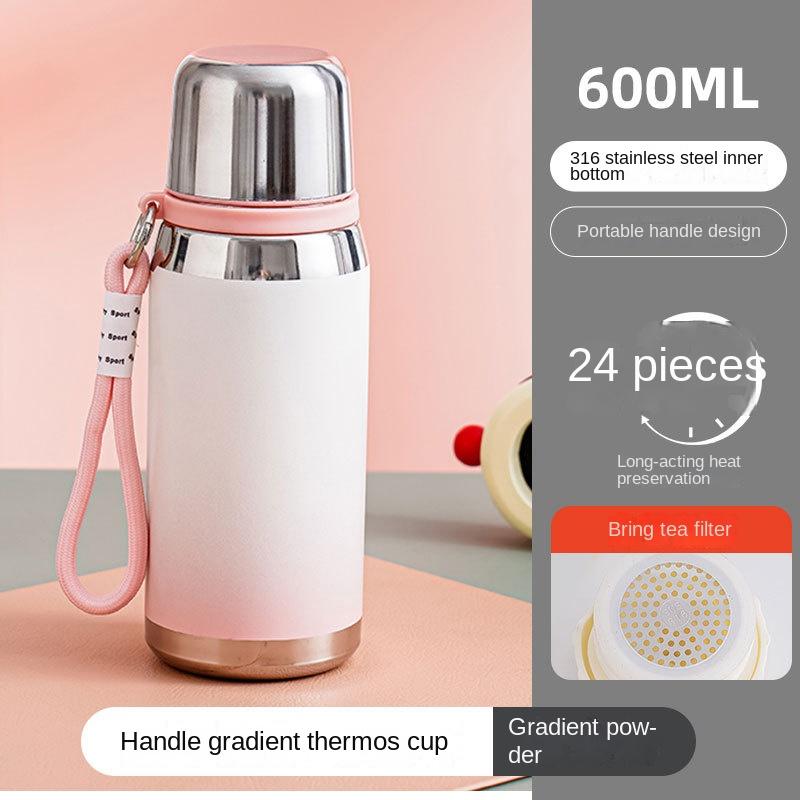Ein-Tassen-Doppeldeckel-Vakuumbecher 316 Edelstahl Studenten-Wasserbecher Geräumig Tragbar Seilschlaufe Mädchen Gutaussehend Farbverlauf