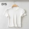 Women Summer Crop Top O Neck Short Sleeve Slim Fit Stretchy Solid Color Waist Exposed Casual Soft Breathable Lady T Shirt