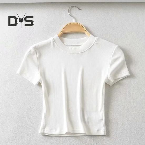 Women Summer Crop Top O Neck Short Sleeve Slim Fit Stretchy Solid Color Waist Exposed Casual Soft Breathable Lady T Shirt