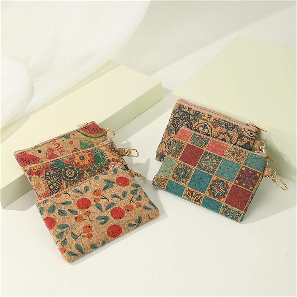 Retro Printed Coin Purse Women Men Cork Mini Wallet Small Bag Key Chain Ring Change Purses Zipper Money Bags Square Clutch Bag