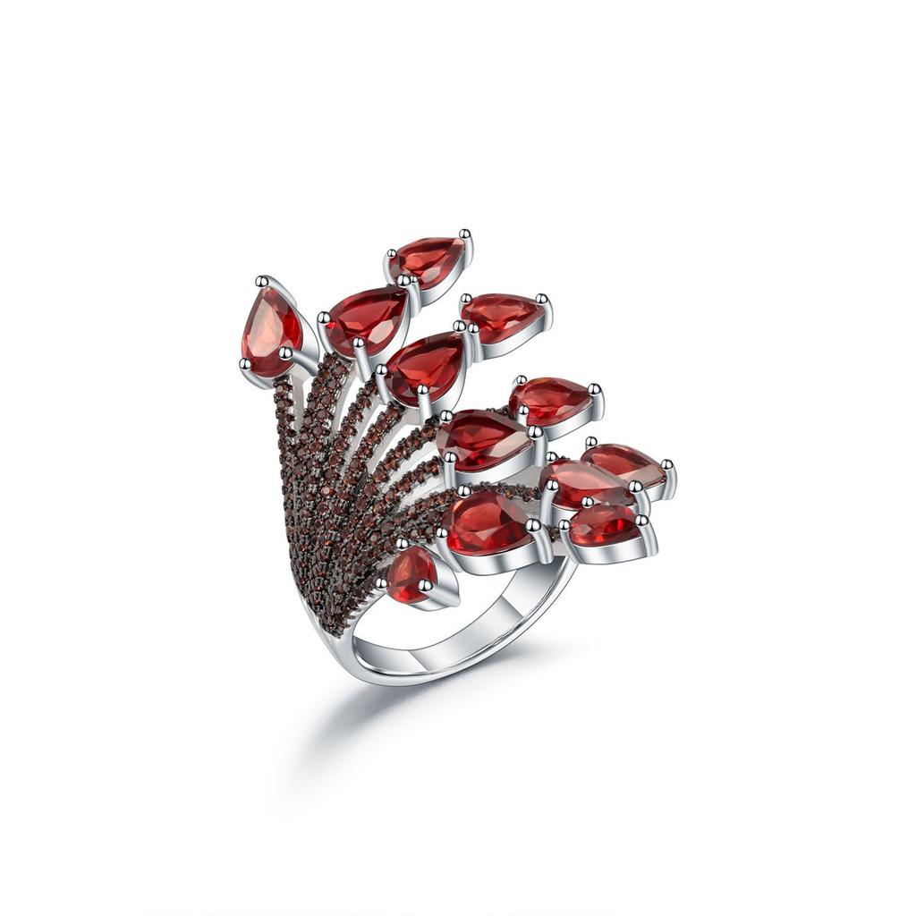 Original Designer Natural Garnet Ring with Adjustable Opening. Niche Design 925 Silver Colored Gemstone Ring
