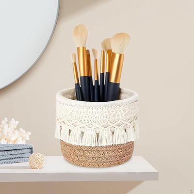 Mini Cesto de Vime Vitrine de Cosméticos Decoração Boho Porta Pincéis de Maquilhagem Armazenamento de Mesa para