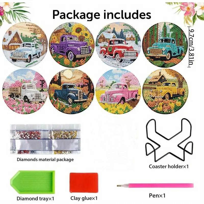 8 Stück/Set Diamantbemalte Untersetzer mit Automuster, DIY Untersetzer mit Halter, Geeignet für Anfänger und Erwachsene, Kunst- und Bastelbedarf Geschenke