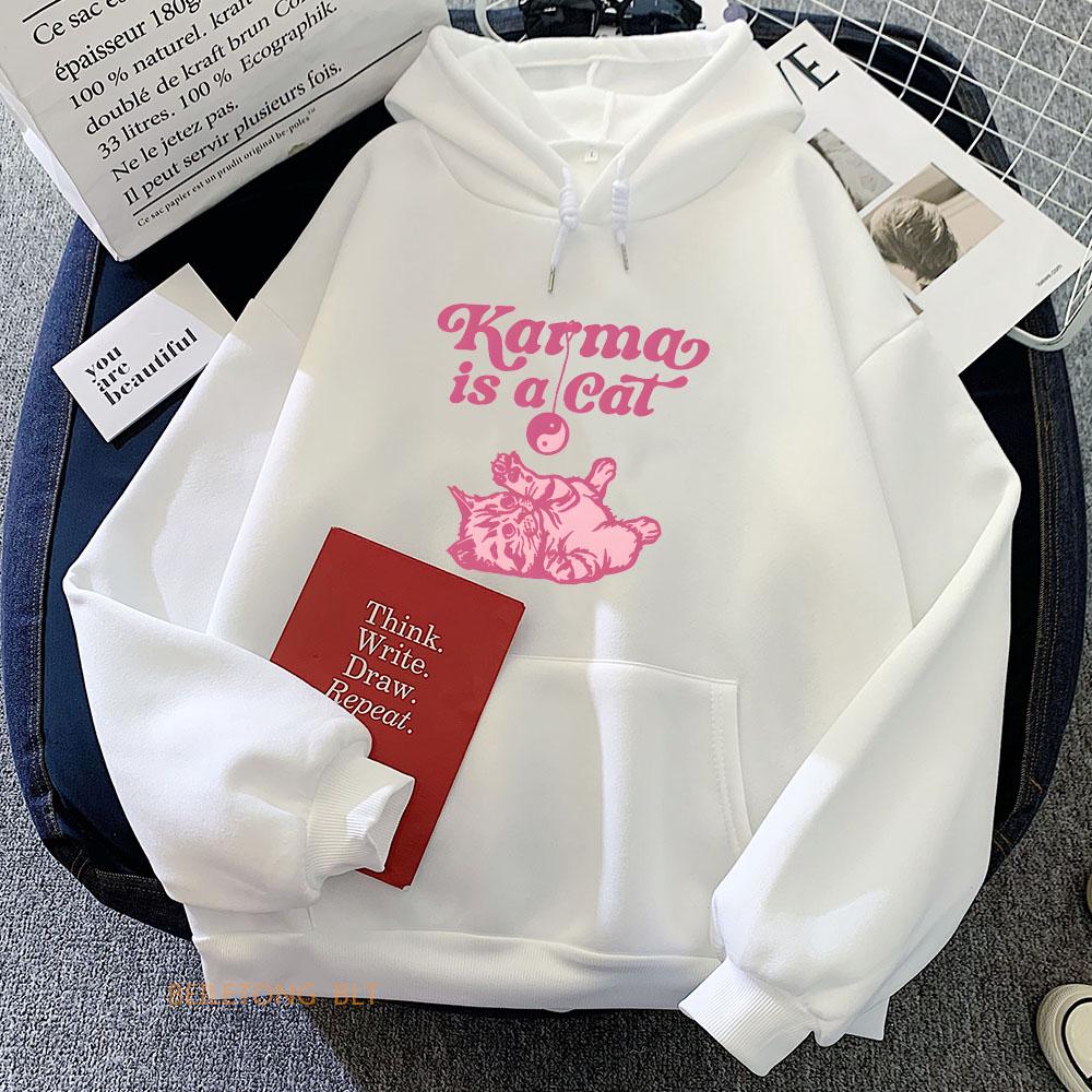 Karma Is A Cat Hoodie Cartoon Print Harajuku Kawaii Sweatshirt With Hooded Comfortable Cute Clothes Moletom Comic Soft