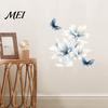 Botanical Wall Accents for Modern Interior Ink-Washed Blue Floral Stickers with Butterflies, Delicate Lily Peel And Stick Waterproof Decorative