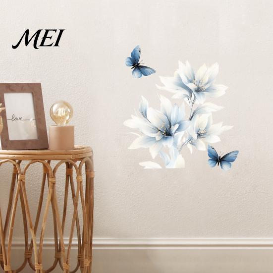 Botanical Wall Accents for Modern Interior Ink-Washed Blue Floral Stickers with Butterflies, Delicate Lily Peel And Stick Waterproof Decorative