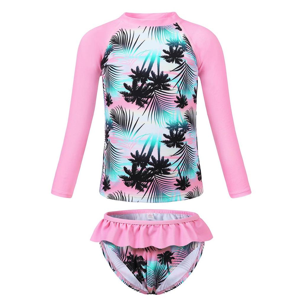 Tropical Plant Print Girls' Long-Sleeved Swimsuit Set with Ruffle Bottoms - Quick-Dry & Sun Protection