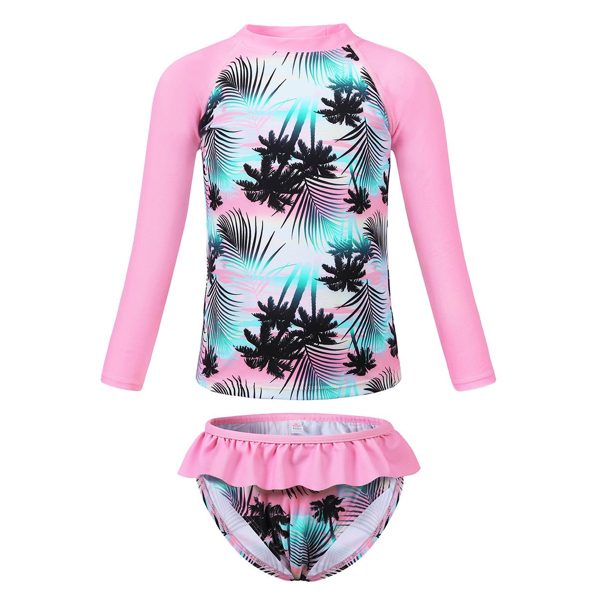 Tropical Plant Print Girls  Long-Sleeved Swimsuit Set with Ruffle Bottoms - Quick-Dry & Sun Protection 140