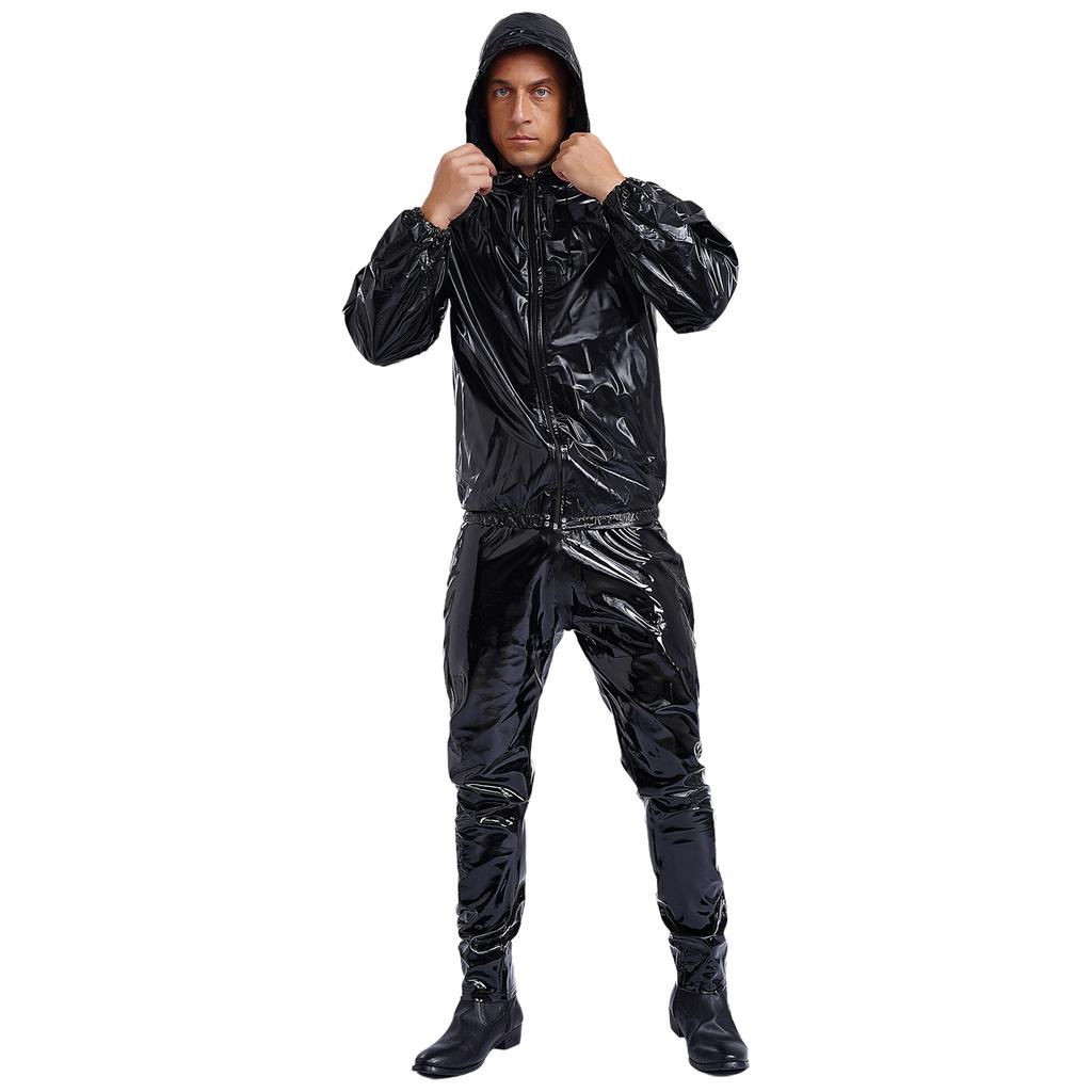 Unisex PVC Sauna oblek Dlouhý rukáv Zip S kapucí Stahovací šňůrka Bunda Vrchní díly Kalhoty Cvičení Trénink