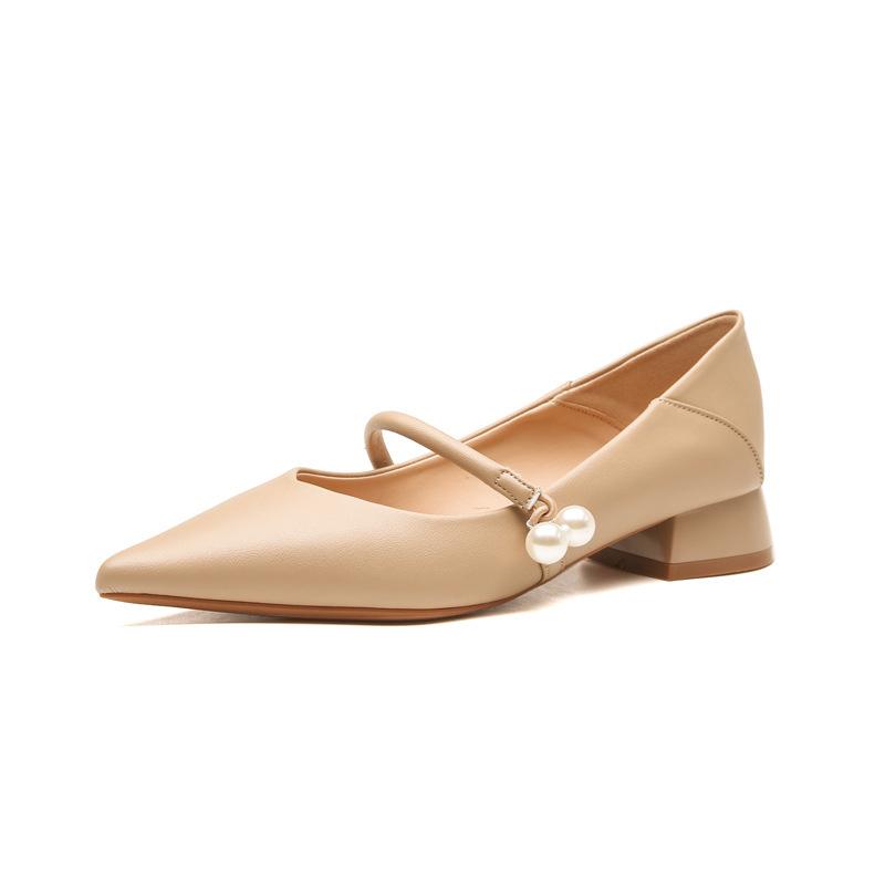 Soft leather low heel pointed toe nude Mary Jane shoes cheongsam single shoes new thick heel high heels women's shoes single shoes summer