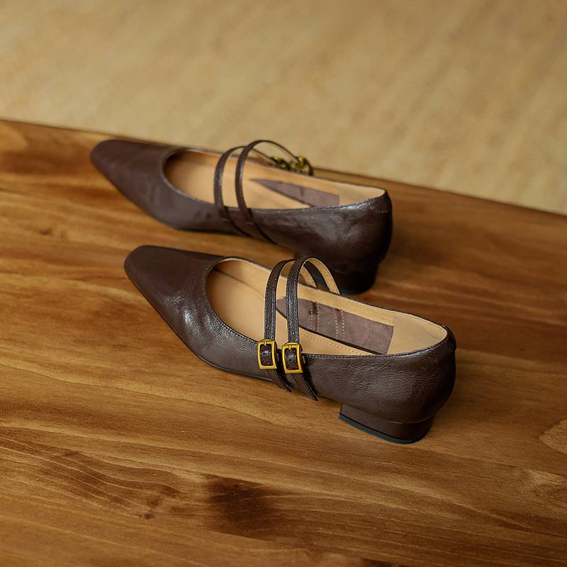

Krazing Pot Sheepskin Fashion Summer Spring Autumn Buckle Straps Women Square Toe Low Heels Pumps 34 коричневий