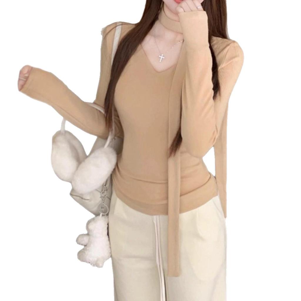 Women's Korean Long-Sleeve Pink V-Neck T-Shirt, Lace-Up, Slim Fit, Trendy Hot Girl Style, Perfect for Spring & Autumn.