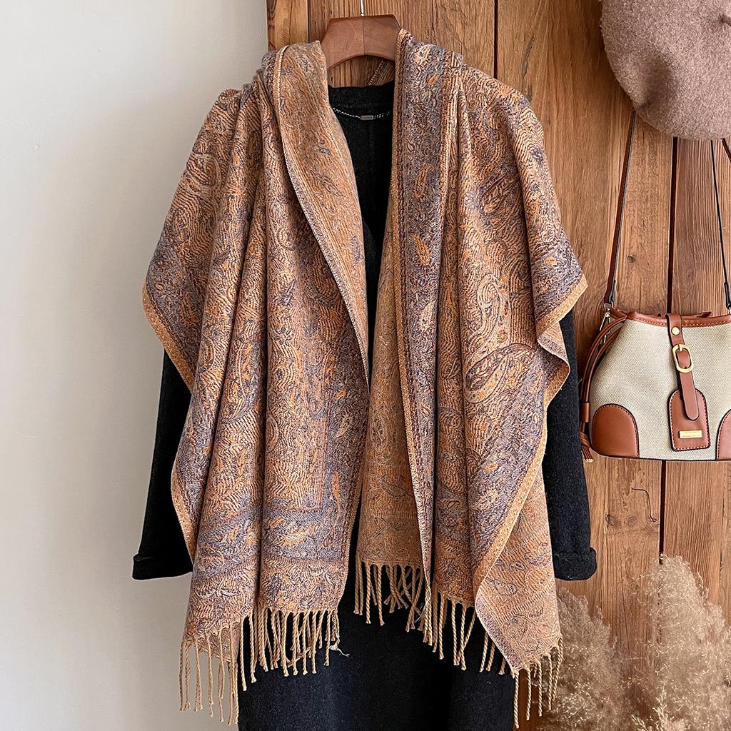 Fashion Winter Cashmere Shawl For Women - Tasseled Vintage Floral Printed Oil Painting Style Pashmina Thick Scarf & Poncho