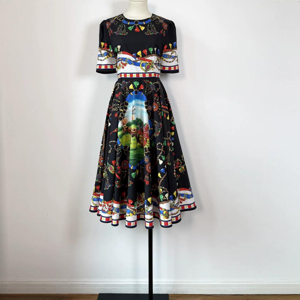 Marka Fashioni Letnia Vintage Sukienka Midi Damska Krótki Rękaw Okrągły Dekolt Empire Kwiatowy Wzór Długa Sukienka na Plażę Imprezę Wieczorową